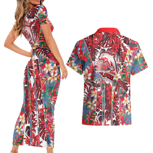 Dolphins Couples Matching Short Sleeve Bodycon Dress and Hawaiian Shirt Tropical Hibiscus Floral Pattern With Red And White Accents
