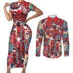 Dolphins Couples Matching Short Sleeve Bodycon Dress and Long Sleeve Button Shirt Tropical Hibiscus Floral Pattern With Red And White Accents