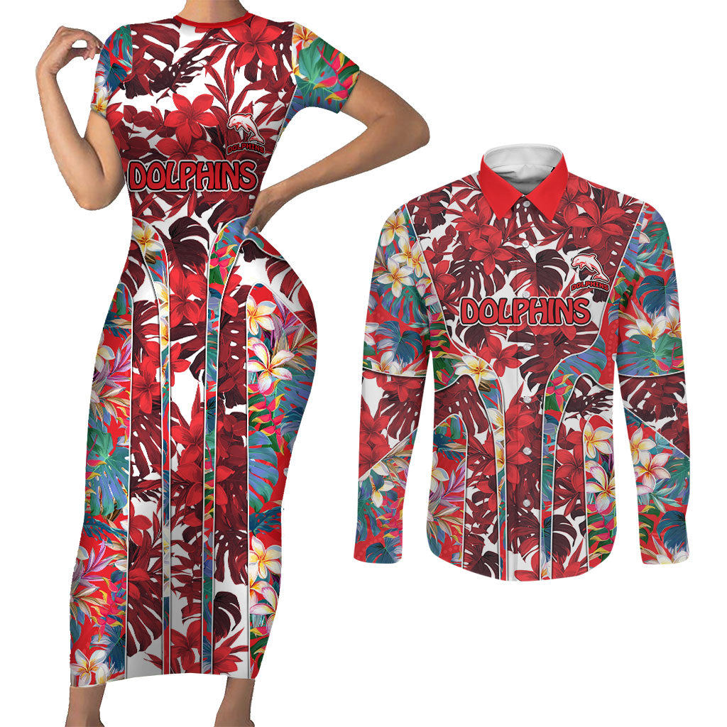 Dolphins Couples Matching Short Sleeve Bodycon Dress and Long Sleeve Button Shirt Tropical Hibiscus Floral Pattern With Red And White Accents