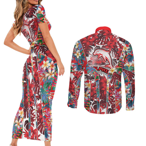 Dolphins Couples Matching Short Sleeve Bodycon Dress and Long Sleeve Button Shirt Tropical Hibiscus Floral Pattern With Red And White Accents