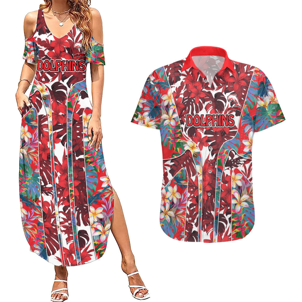Dolphins Couples Matching Summer Maxi Dress and Hawaiian Shirt Tropical Hibiscus Floral Pattern With Red And White Accents