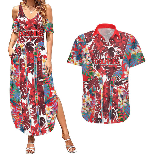 Dolphins Couples Matching Summer Maxi Dress and Hawaiian Shirt Tropical Hibiscus Floral Pattern With Red And White Accents
