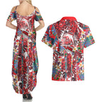 Dolphins Couples Matching Summer Maxi Dress and Hawaiian Shirt Tropical Hibiscus Floral Pattern With Red And White Accents
