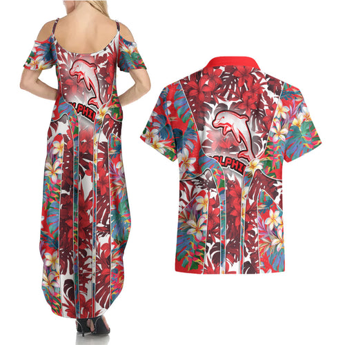 Dolphins Couples Matching Summer Maxi Dress and Hawaiian Shirt Tropical Hibiscus Floral Pattern With Red And White Accents