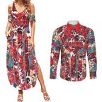 Dolphins Couples Matching Summer Maxi Dress and Long Sleeve Button Shirt Tropical Hibiscus Floral Pattern With Red And White Accents