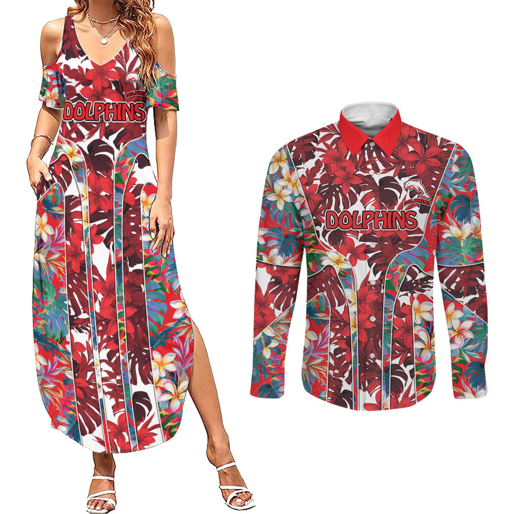 Dolphins Couples Matching Summer Maxi Dress and Long Sleeve Button Shirt Tropical Hibiscus Floral Pattern With Red And White Accents