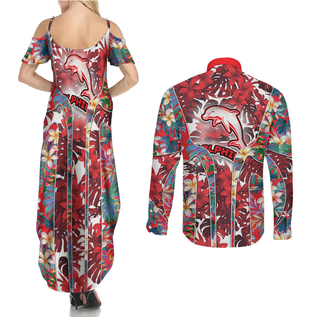 Dolphins Couples Matching Summer Maxi Dress and Long Sleeve Button Shirt Tropical Hibiscus Floral Pattern With Red And White Accents