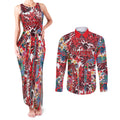 Dolphins Couples Matching Tank Maxi Dress and Long Sleeve Button Shirt Tropical Hibiscus Floral Pattern With Red And White Accents