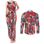Dolphins Couples Matching Tank Maxi Dress and Long Sleeve Button Shirt Tropical Hibiscus Floral Pattern With Red And White Accents