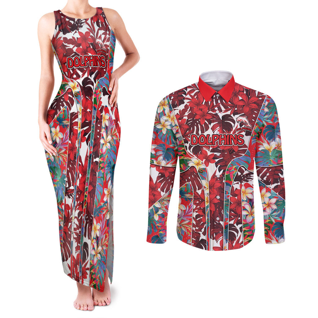 Dolphins Couples Matching Tank Maxi Dress and Long Sleeve Button Shirt Tropical Hibiscus Floral Pattern With Red And White Accents