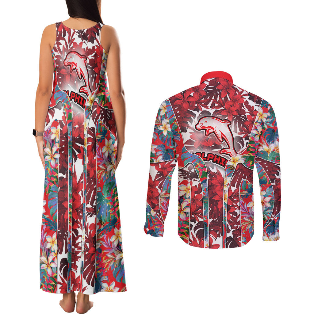 Dolphins Couples Matching Tank Maxi Dress and Long Sleeve Button Shirt Tropical Hibiscus Floral Pattern With Red And White Accents