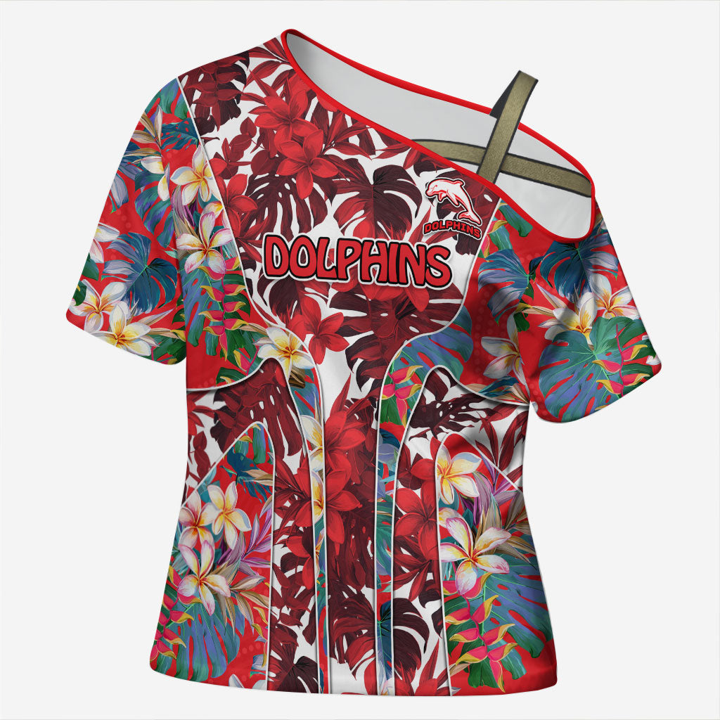Dolphins Cross Shoulder Shirt Tropical Hibiscus Floral Pattern With Red And White Accents