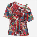 Dolphins Cross Shoulder Shirt Tropical Hibiscus Floral Pattern With Red And White Accents