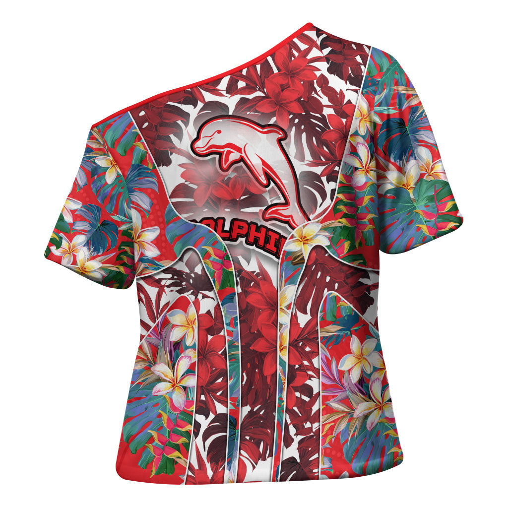 Dolphins Cross Shoulder Shirt Tropical Hibiscus Floral Pattern With Red And White Accents