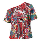 Dolphins Cross Shoulder Shirt Tropical Hibiscus Floral Pattern With Red And White Accents