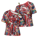 Dolphins Cross Shoulder Shirt Tropical Hibiscus Floral Pattern With Red And White Accents