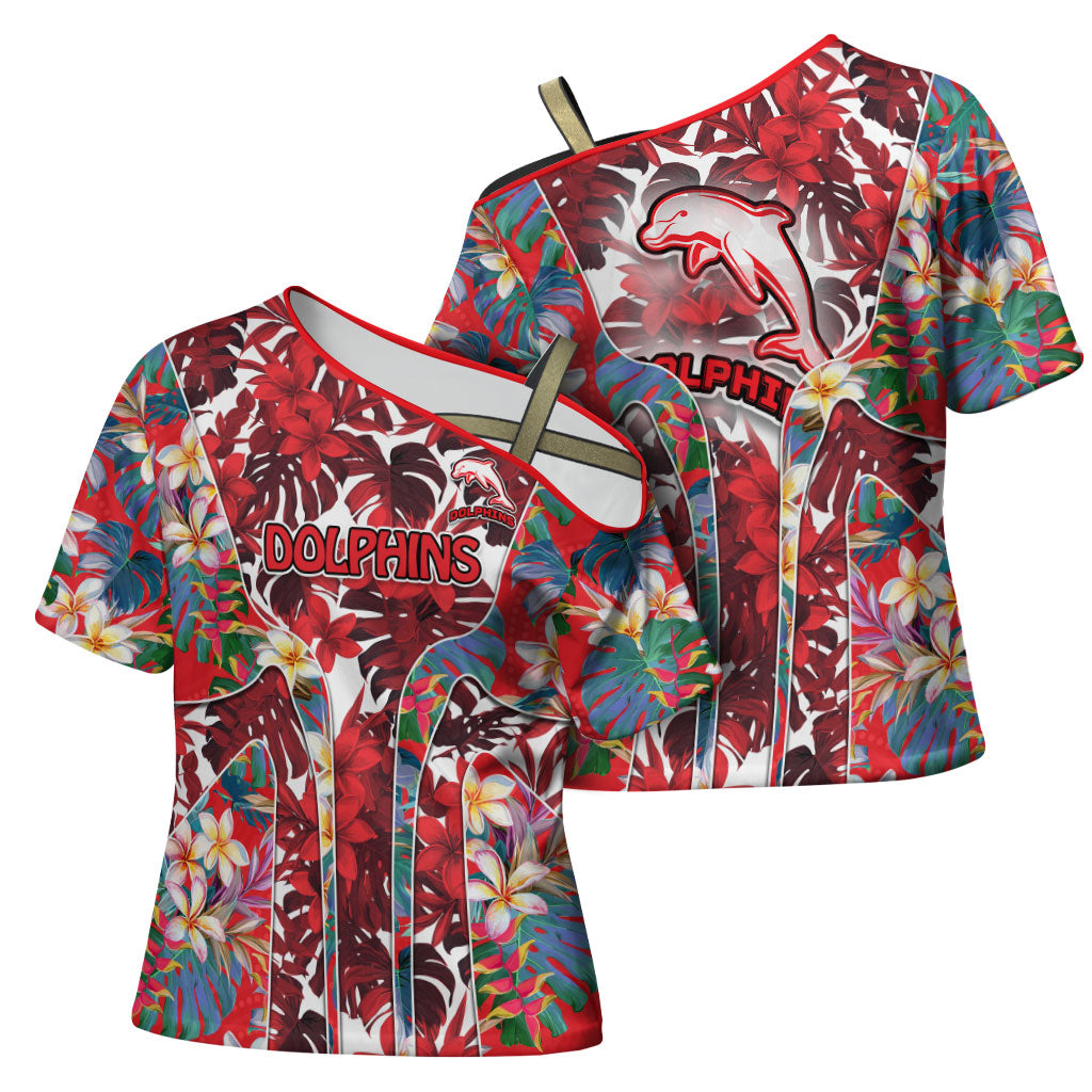 Dolphins Cross Shoulder Shirt Tropical Hibiscus Floral Pattern With Red And White Accents