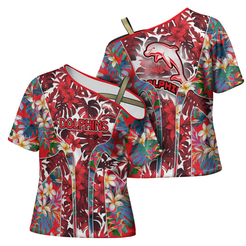 Dolphins Cross Shoulder Shirt Tropical Hibiscus Floral Pattern With Red And White Accents