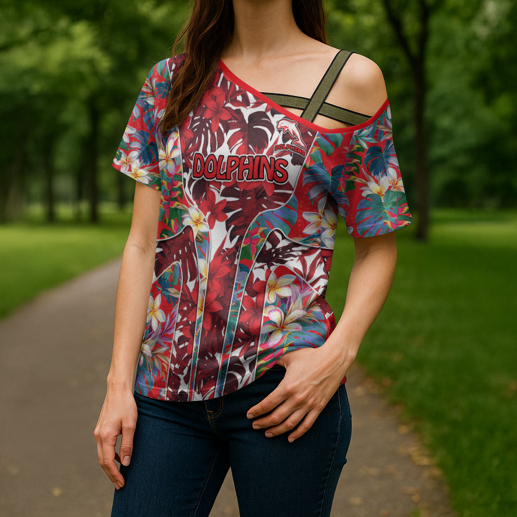 Dolphins Cross Shoulder Shirt Tropical Hibiscus Floral Pattern With Red And White Accents