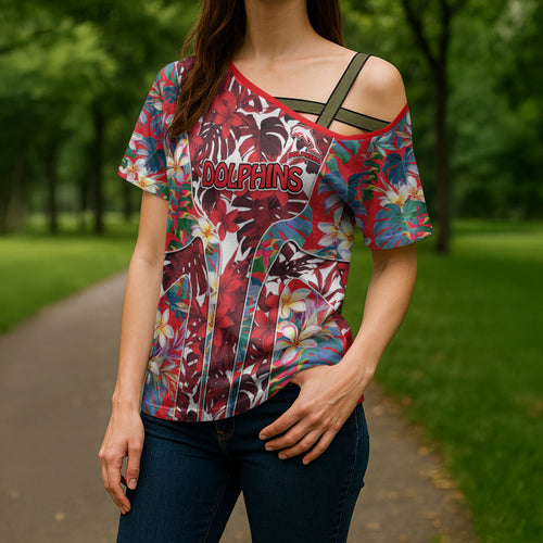 Dolphins Cross Shoulder Shirt Tropical Hibiscus Floral Pattern With Red And White Accents