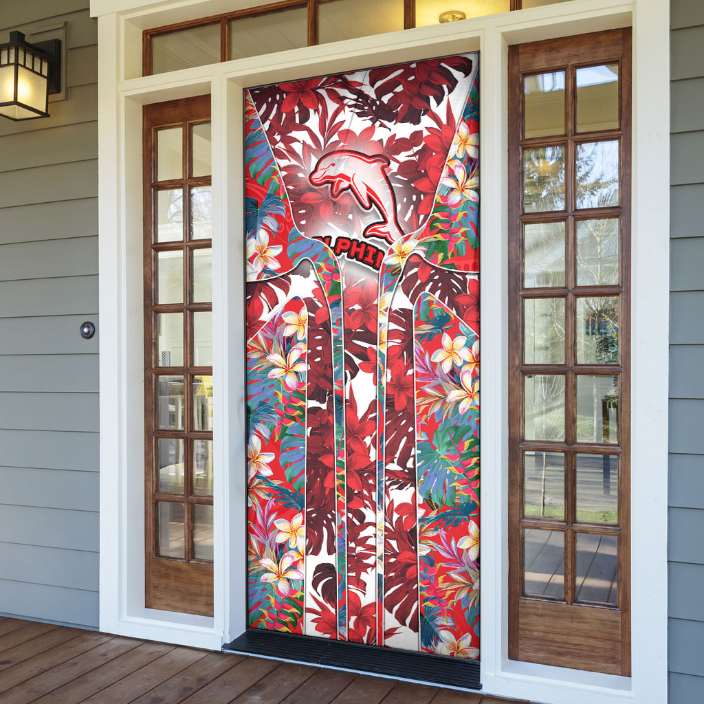 Dolphins Door Cover Tropical Hibiscus Floral Pattern With Red And White Accents