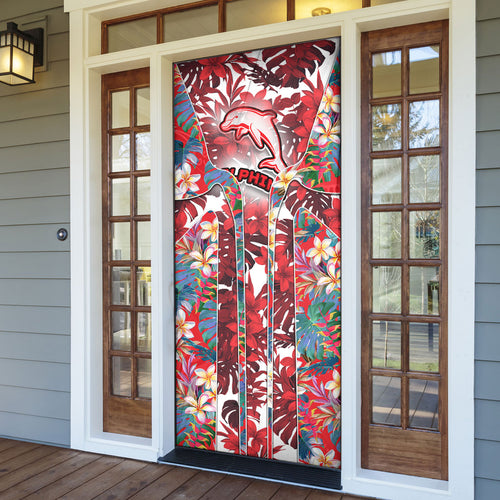 Dolphins Door Cover Tropical Hibiscus Floral Pattern With Red And White Accents