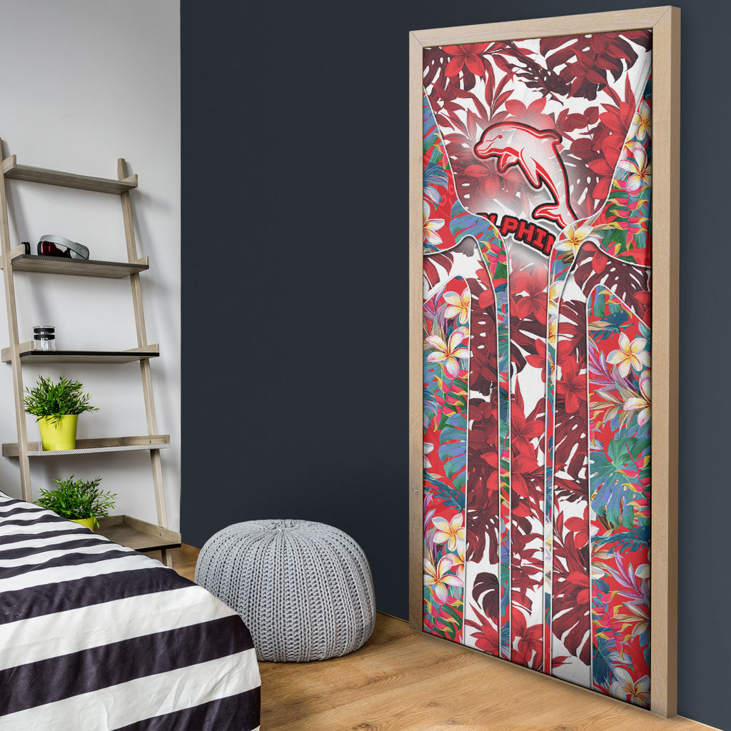 Dolphins Door Cover Tropical Hibiscus Floral Pattern With Red And White Accents