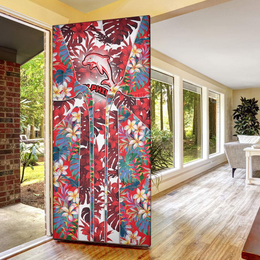 Dolphins Door Cover Tropical Hibiscus Floral Pattern With Red And White Accents