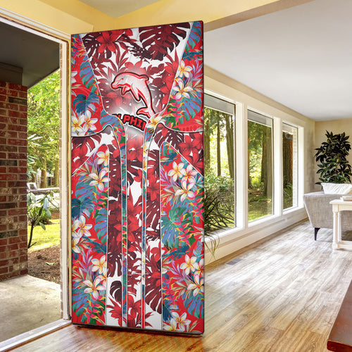 Dolphins Door Cover Tropical Hibiscus Floral Pattern With Red And White Accents