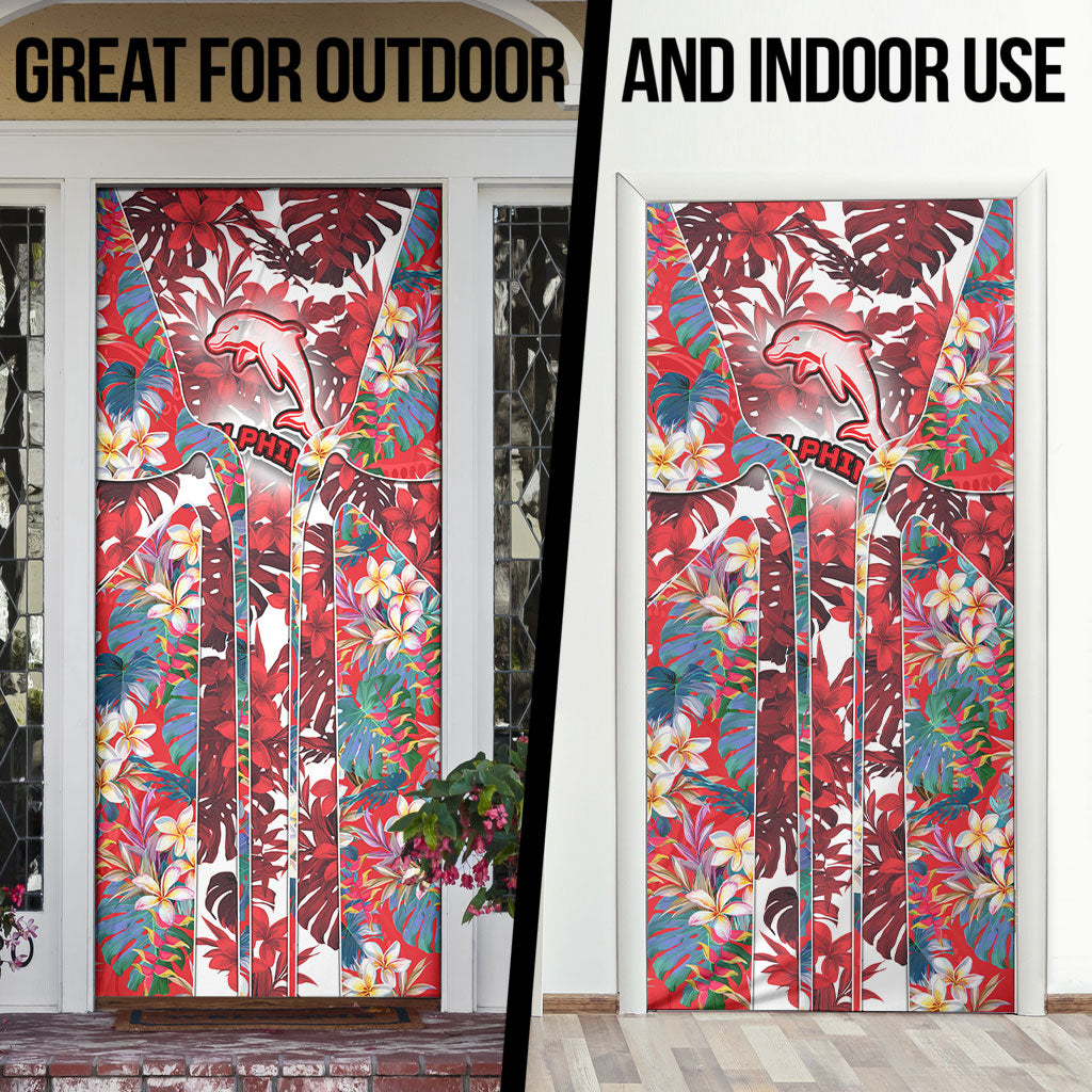 Dolphins Door Cover Tropical Hibiscus Floral Pattern With Red And White Accents