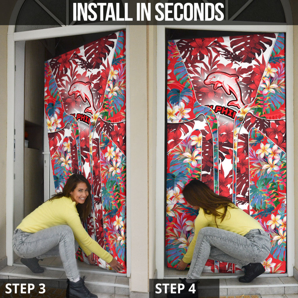 Dolphins Door Cover Tropical Hibiscus Floral Pattern With Red And White Accents