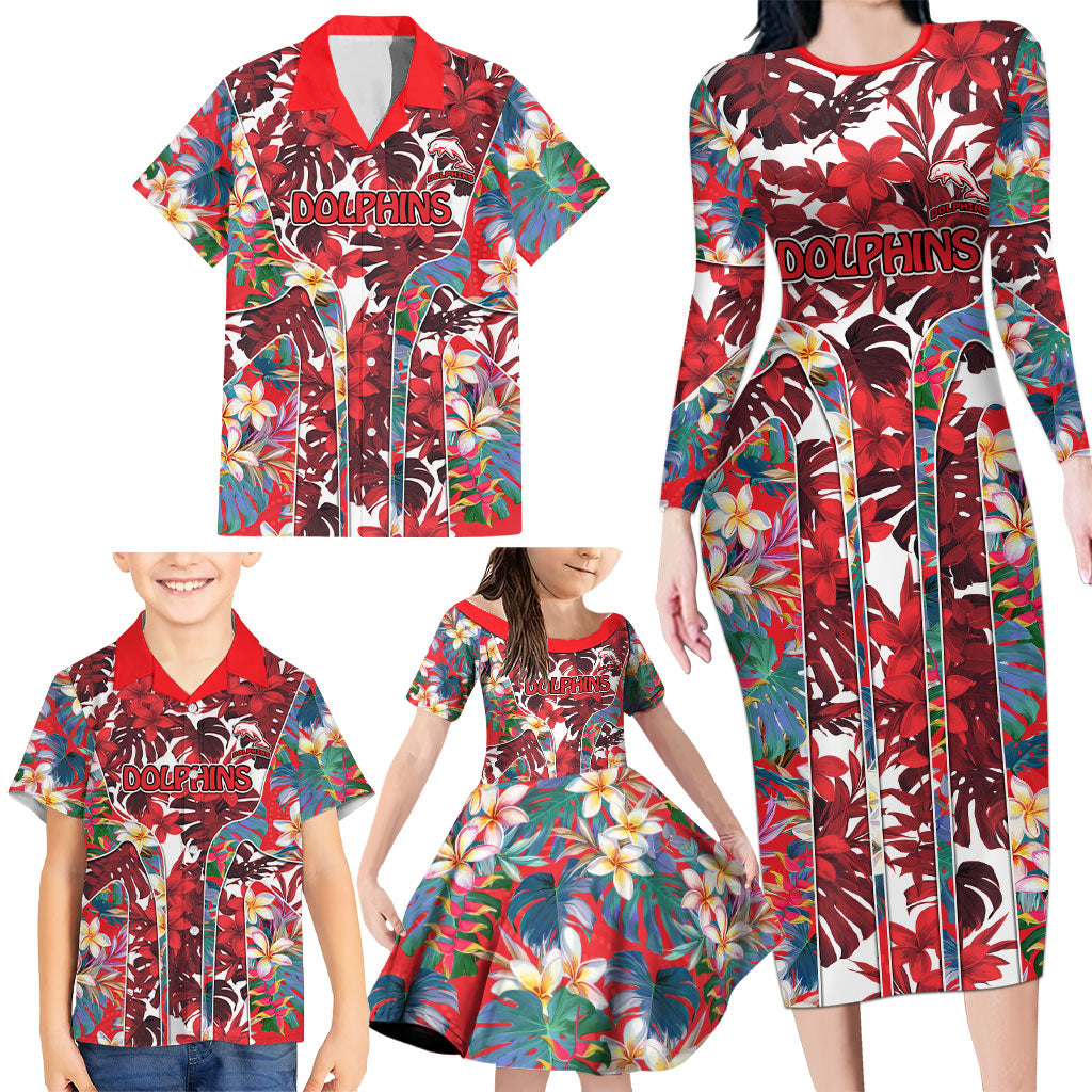 Dolphins Family Matching Long Sleeve Bodycon Dress and Hawaiian Shirt Tropical Hibiscus Floral Pattern With Red And White Accents