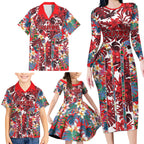 Dolphins Family Matching Long Sleeve Bodycon Dress and Hawaiian Shirt Tropical Hibiscus Floral Pattern With Red And White Accents