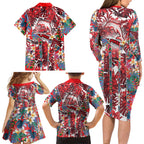 Dolphins Family Matching Long Sleeve Bodycon Dress and Hawaiian Shirt Tropical Hibiscus Floral Pattern With Red And White Accents