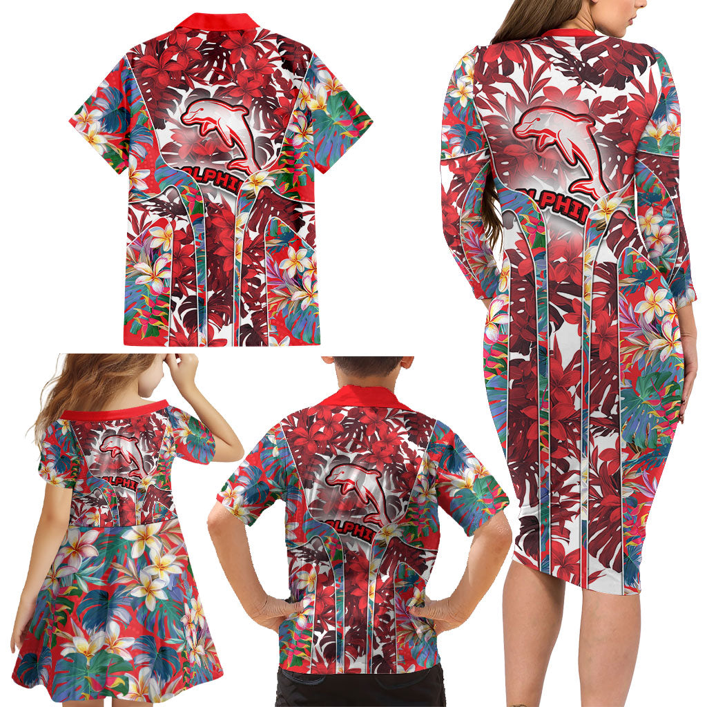 Dolphins Family Matching Long Sleeve Bodycon Dress and Hawaiian Shirt Tropical Hibiscus Floral Pattern With Red And White Accents
