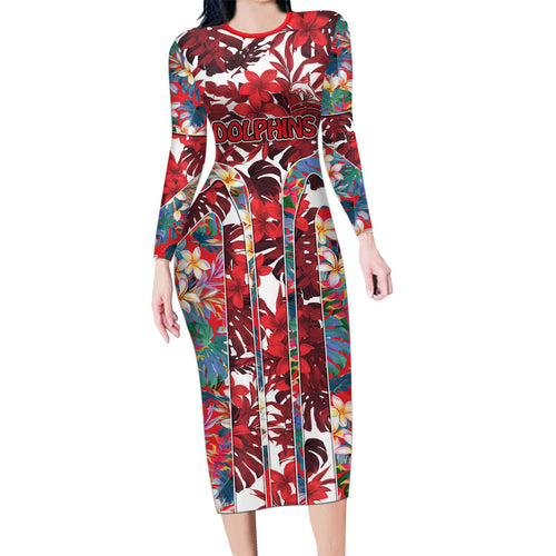 Dolphins Family Matching Long Sleeve Bodycon Dress and Hawaiian Shirt Tropical Hibiscus Floral Pattern With Red And White Accents