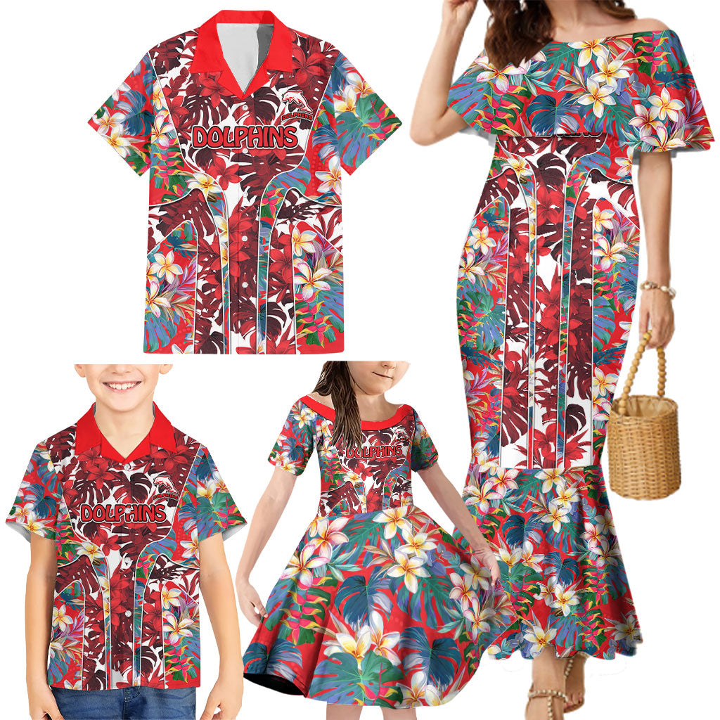 Dolphins Family Matching Mermaid Dress and Hawaiian Shirt Tropical Hibiscus Floral Pattern With Red And White Accents