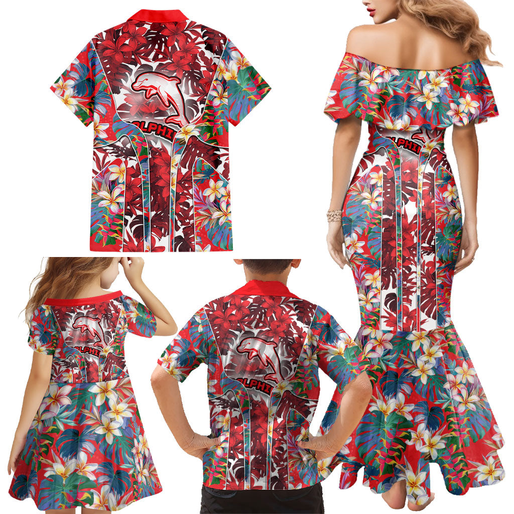 Dolphins Family Matching Mermaid Dress and Hawaiian Shirt Tropical Hibiscus Floral Pattern With Red And White Accents