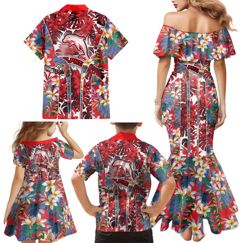 Dolphins Family Matching Mermaid Dress and Hawaiian Shirt Tropical Hibiscus Floral Pattern With Red And White Accents