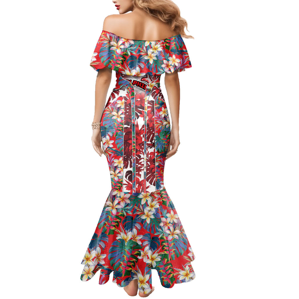 Dolphins Family Matching Mermaid Dress and Hawaiian Shirt Tropical Hibiscus Floral Pattern With Red And White Accents