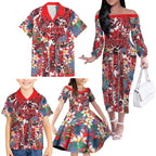 Dolphins Family Matching Off The Shoulder Long Sleeve Dress and Hawaiian Shirt Tropical Hibiscus Floral Pattern With Red And White Accents