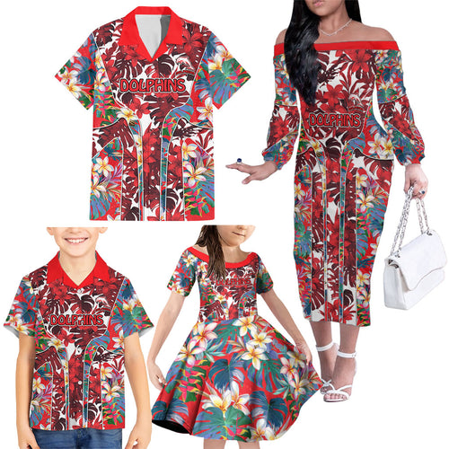 Dolphins Family Matching Off The Shoulder Long Sleeve Dress and Hawaiian Shirt Tropical Hibiscus Floral Pattern With Red And White Accents