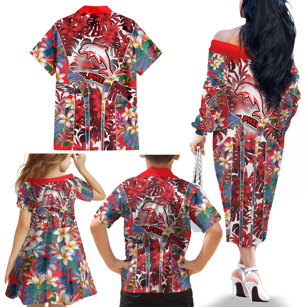 Dolphins Family Matching Off The Shoulder Long Sleeve Dress and Hawaiian Shirt Tropical Hibiscus Floral Pattern With Red And White Accents