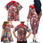 Dolphins Family Matching Off The Shoulder Long Sleeve Dress and Hawaiian Shirt Tropical Hibiscus Floral Pattern With Red And White Accents