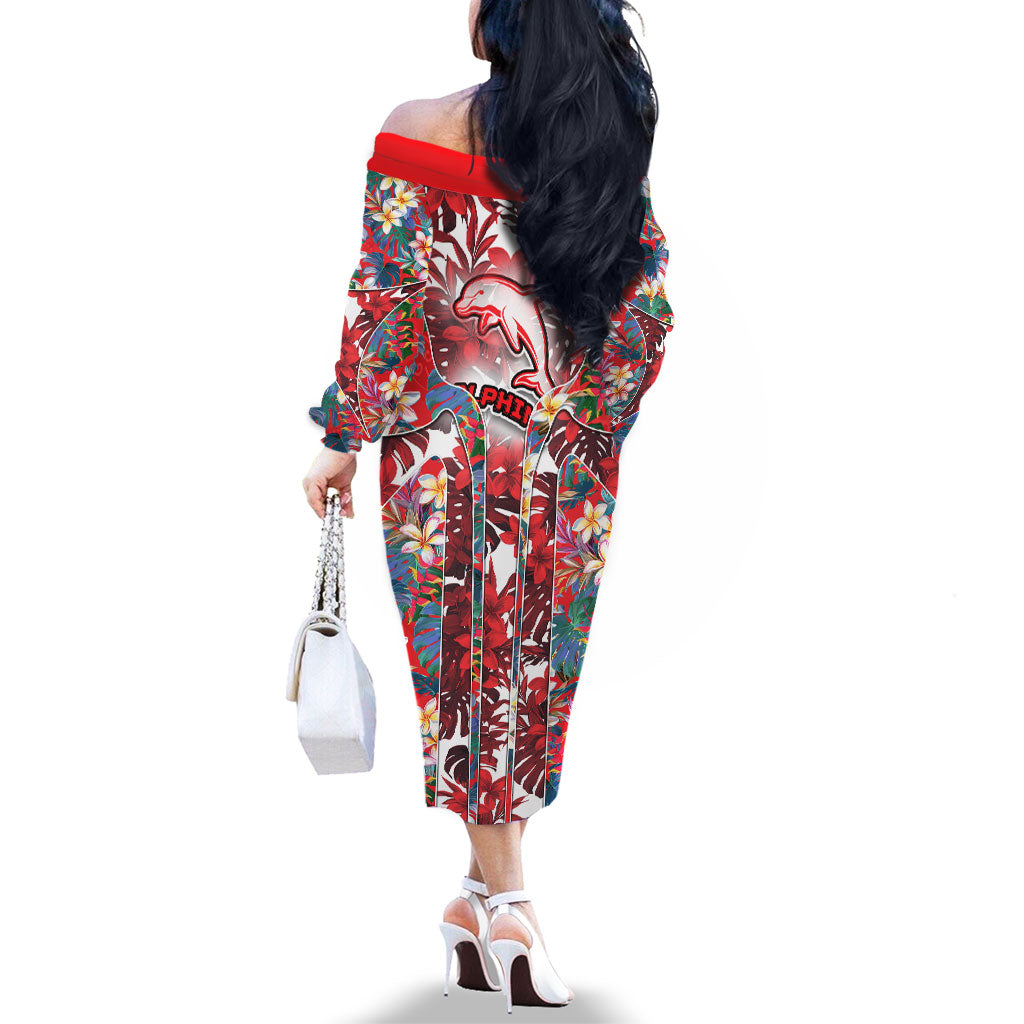 Dolphins Family Matching Off The Shoulder Long Sleeve Dress and Hawaiian Shirt Tropical Hibiscus Floral Pattern With Red And White Accents