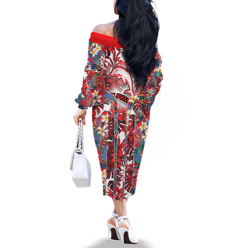 Dolphins Family Matching Off The Shoulder Long Sleeve Dress and Hawaiian Shirt Tropical Hibiscus Floral Pattern With Red And White Accents