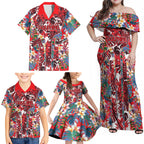 Dolphins Family Matching Off Shoulder Maxi Dress and Hawaiian Shirt Tropical Hibiscus Floral Pattern With Red And White Accents