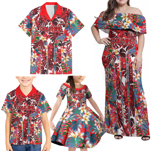 Dolphins Family Matching Off Shoulder Maxi Dress and Hawaiian Shirt Tropical Hibiscus Floral Pattern With Red And White Accents