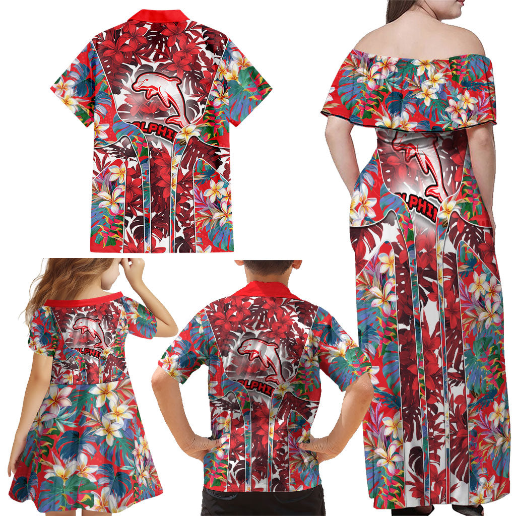 Dolphins Family Matching Off Shoulder Maxi Dress and Hawaiian Shirt Tropical Hibiscus Floral Pattern With Red And White Accents