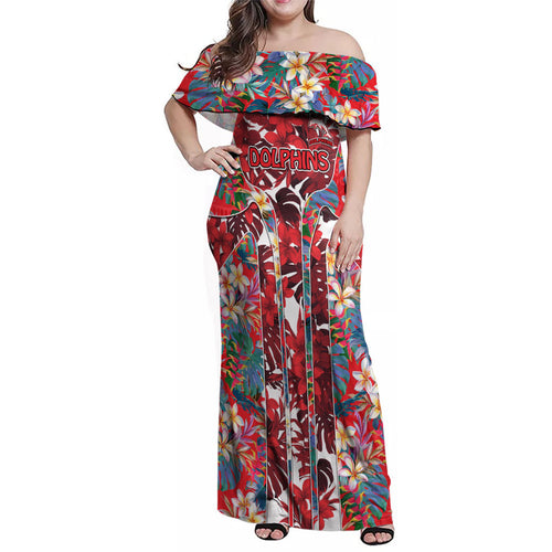 Dolphins Family Matching Off Shoulder Maxi Dress and Hawaiian Shirt Tropical Hibiscus Floral Pattern With Red And White Accents